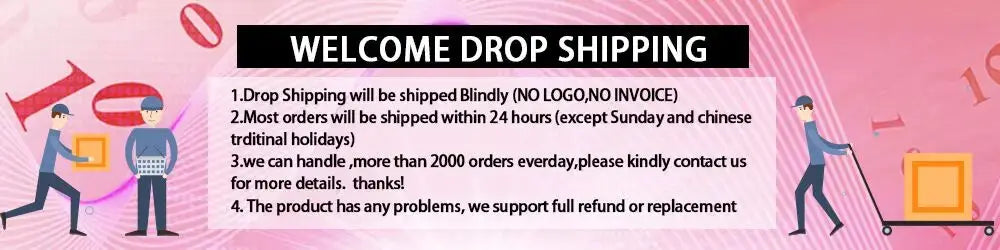 Pink welcome drop shipping banner with cartoon delivery workers and a central white box listing shipping terms