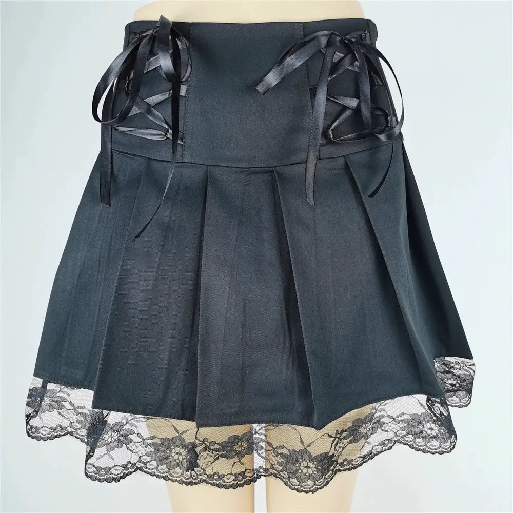 Skirt, black Gothic Harajuku-style high-waist with lace-hem and waist ribbon lacing