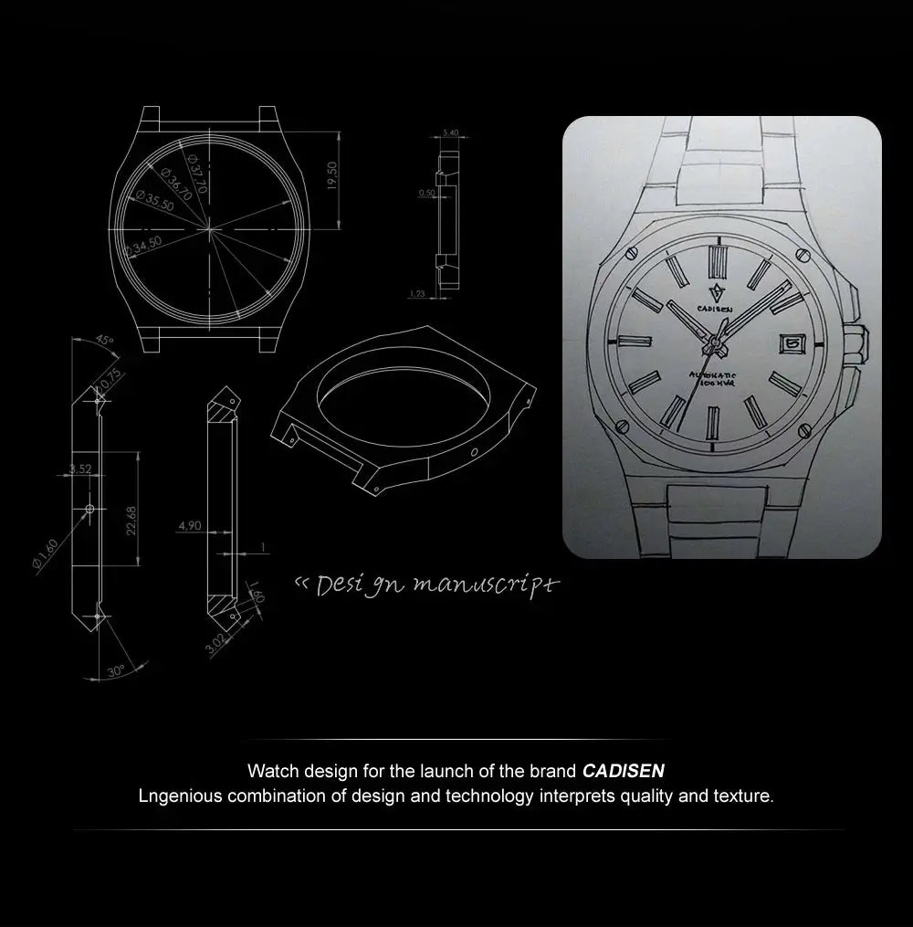 CADISEN Diver Watch blueprint with dial sketch on black background