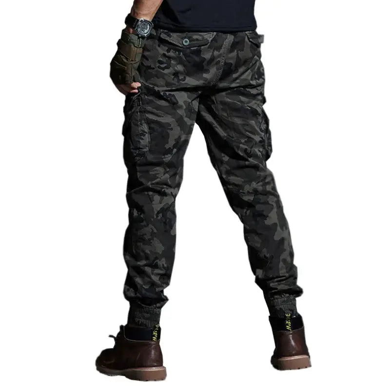 Men's camouflage cargo jogger pants with multiple pockets, tactical style, cuffed ankles