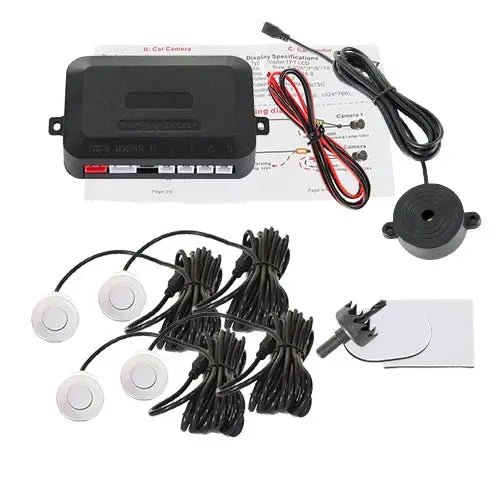 Hippcron 4-sensor car parking kit by Simples Market, black control module with 4 white sensors, buzzer and wiring.