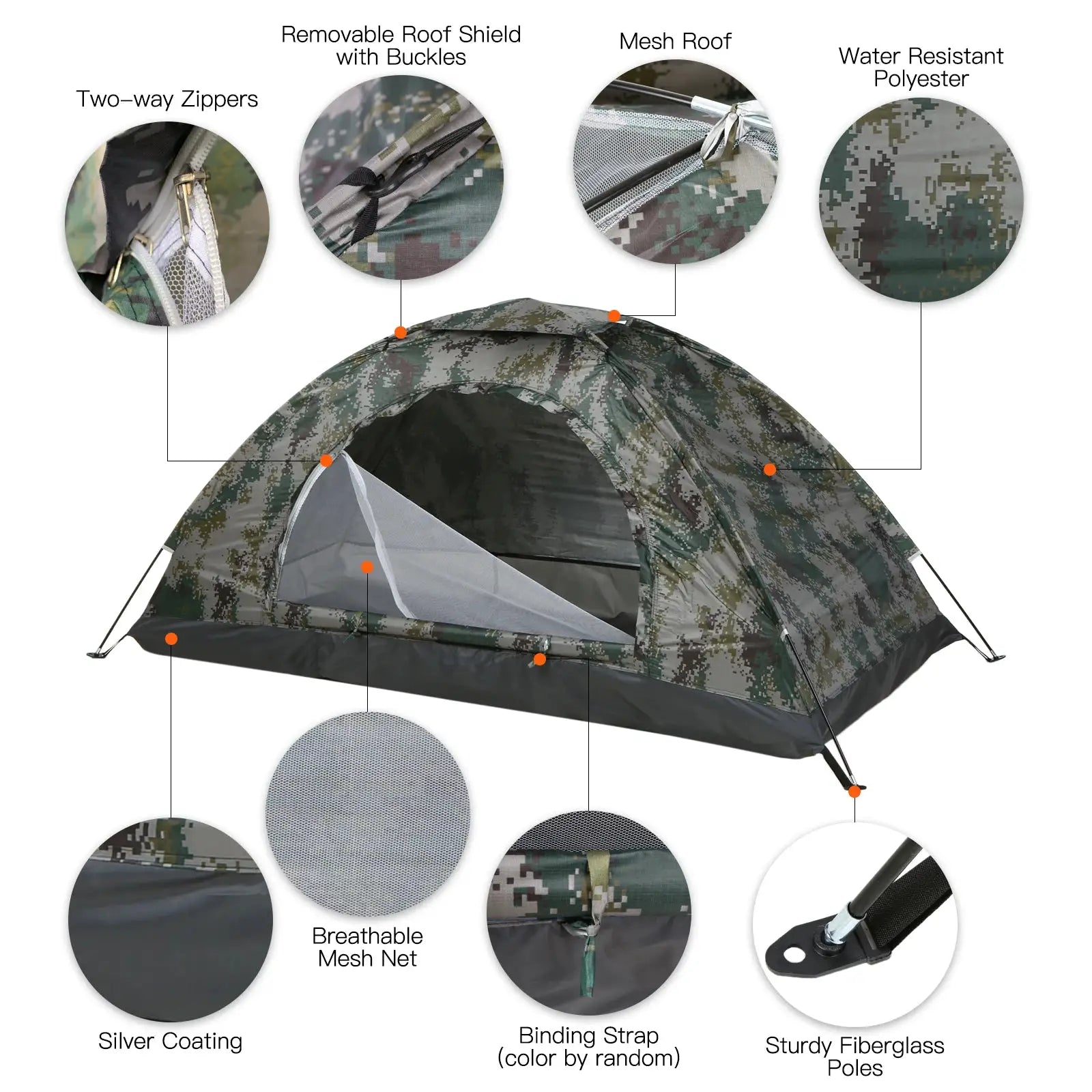 Tomshoo 1/2-person ultralight camping tent in camouflage with anti-UV UPF 30+ coating and fiberglass poles