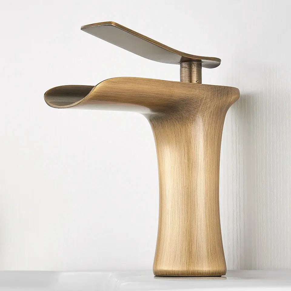 Basin faucet antique brass with waterfall spout and single-handle lever for bathroom