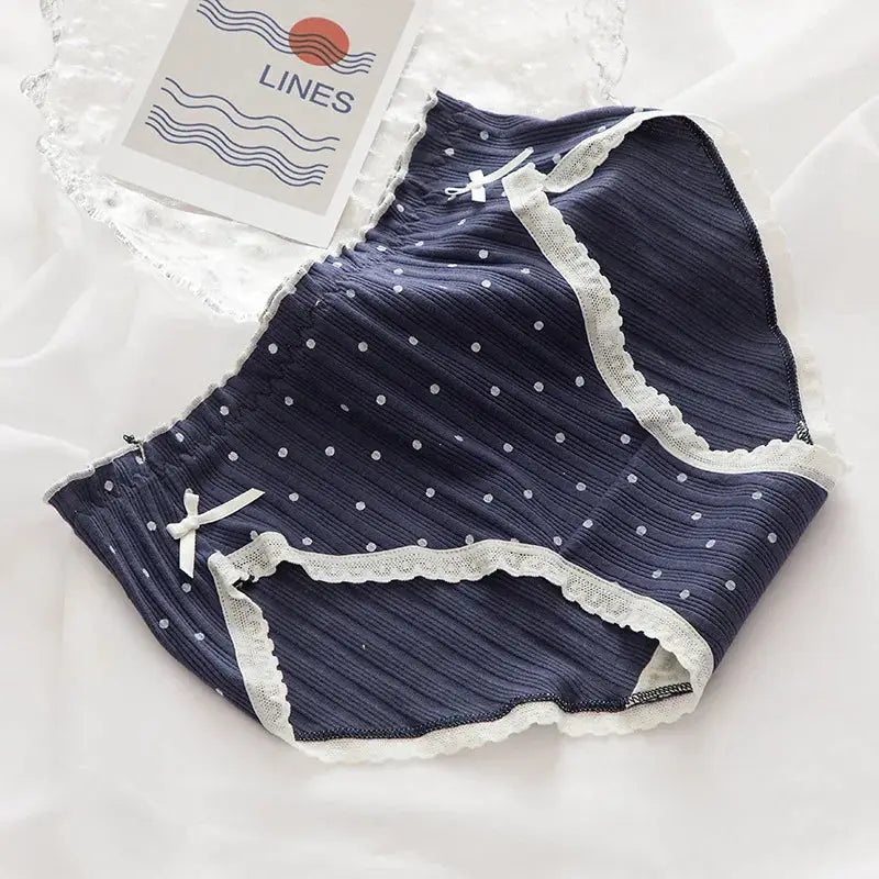 Cotton mid-waist women's underwear navy blue with white polka dots, lace trim and bows