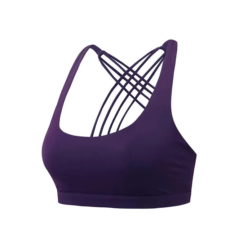 Sports bra by Simples Market in purple with cross-back straps for gym, running, yoga
