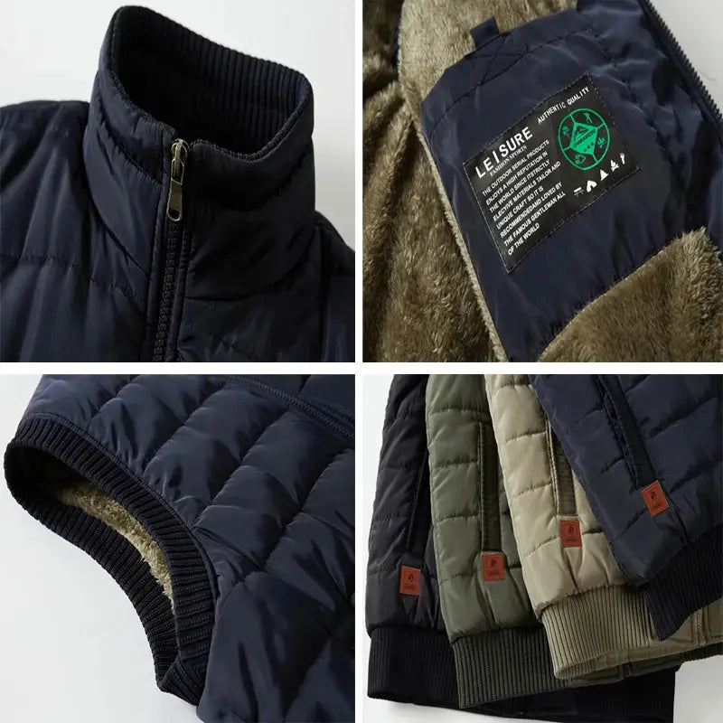 Winter men's padded fleece vest navy sleeveless jacket with stand collar; 4 color options shown, LEI SURE patch
