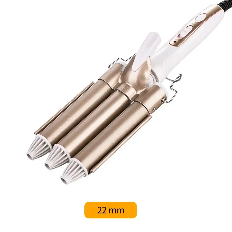 Simples Market professional 3-barrel electric hair curler with white handle and gold-tone barrels