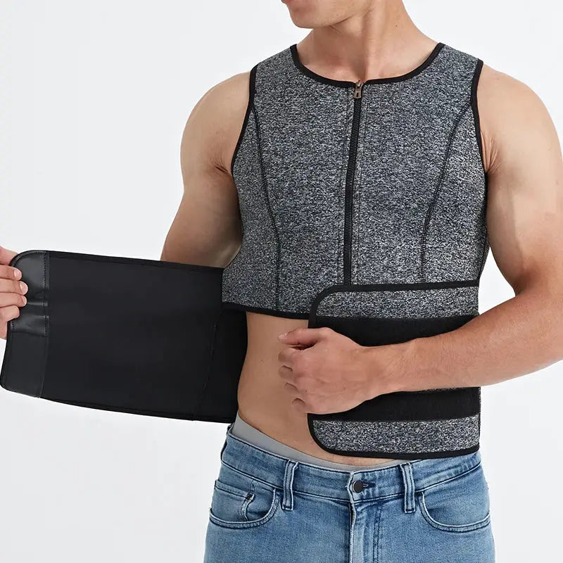 Men's waist trainer sauna vest with zip, gray heather fabric and black trim
