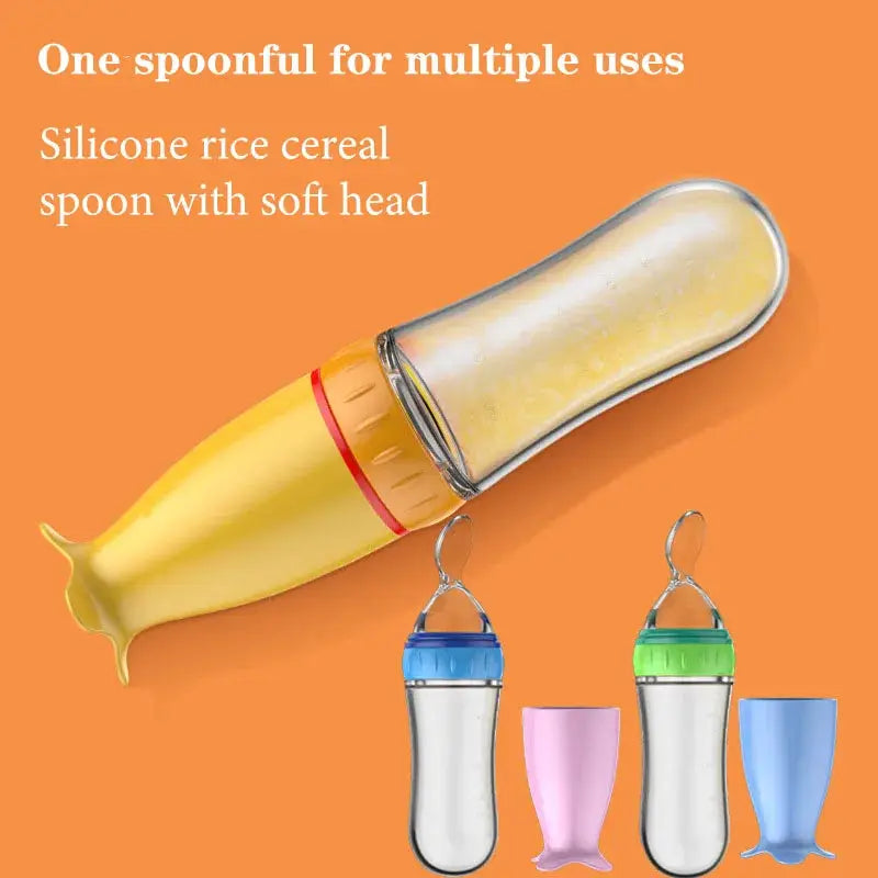Silicone Baby Bottle With Integrated Squeeze Spoon For Mess Free Feeding Milk Rice Cereal