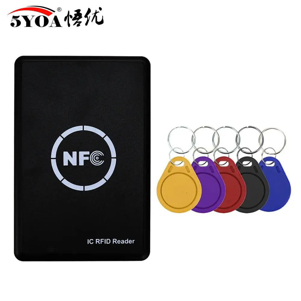 5YOA IC RFID reader by Simples Market with NFC emblem; includes colorful keyfob tags