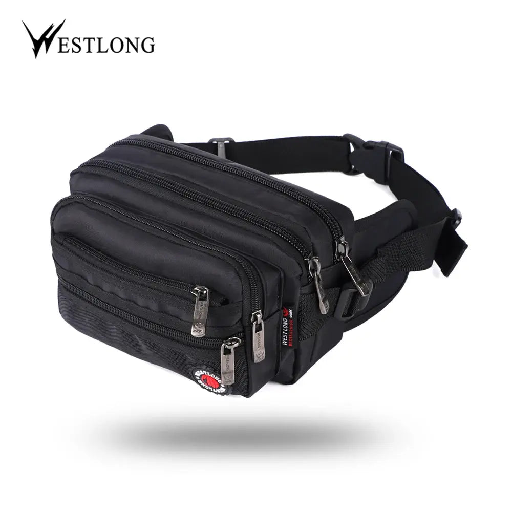 Waist pack Westlong black unisex with multiple zip compartments and adjustable strap