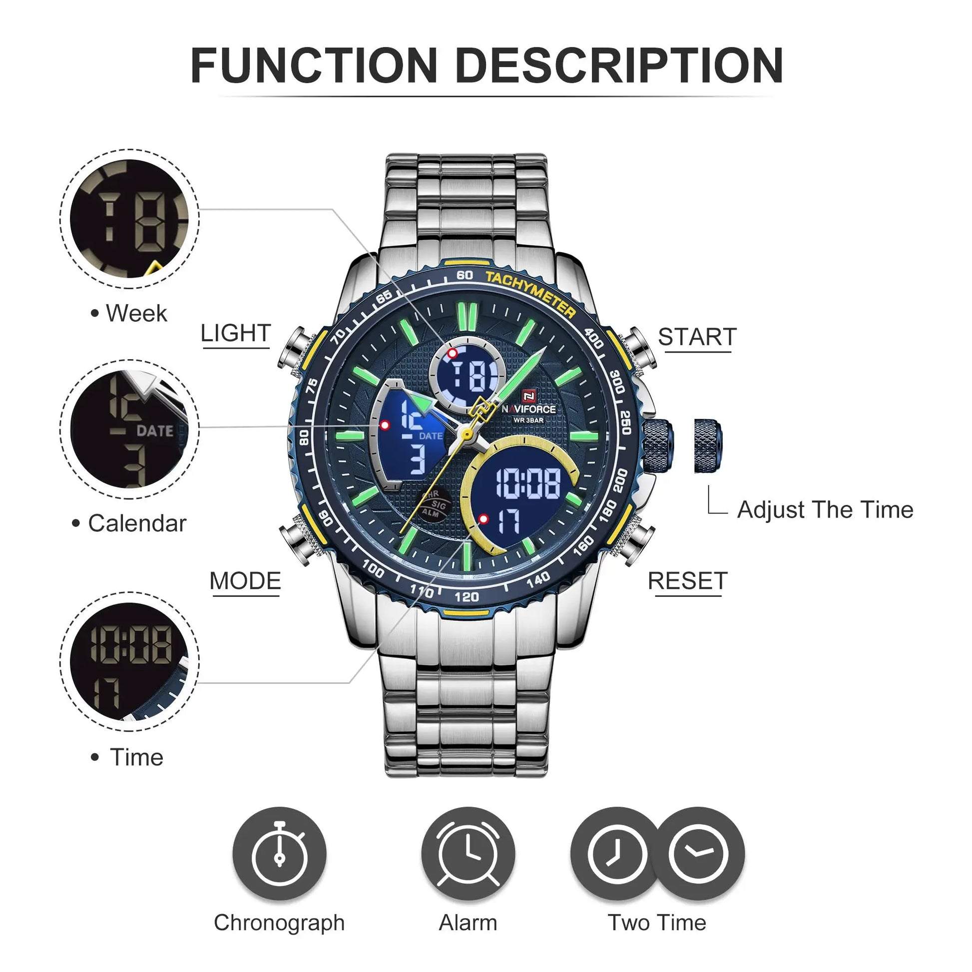NAVIFORCE men's chronograph watch with stainless steel band and blue dial