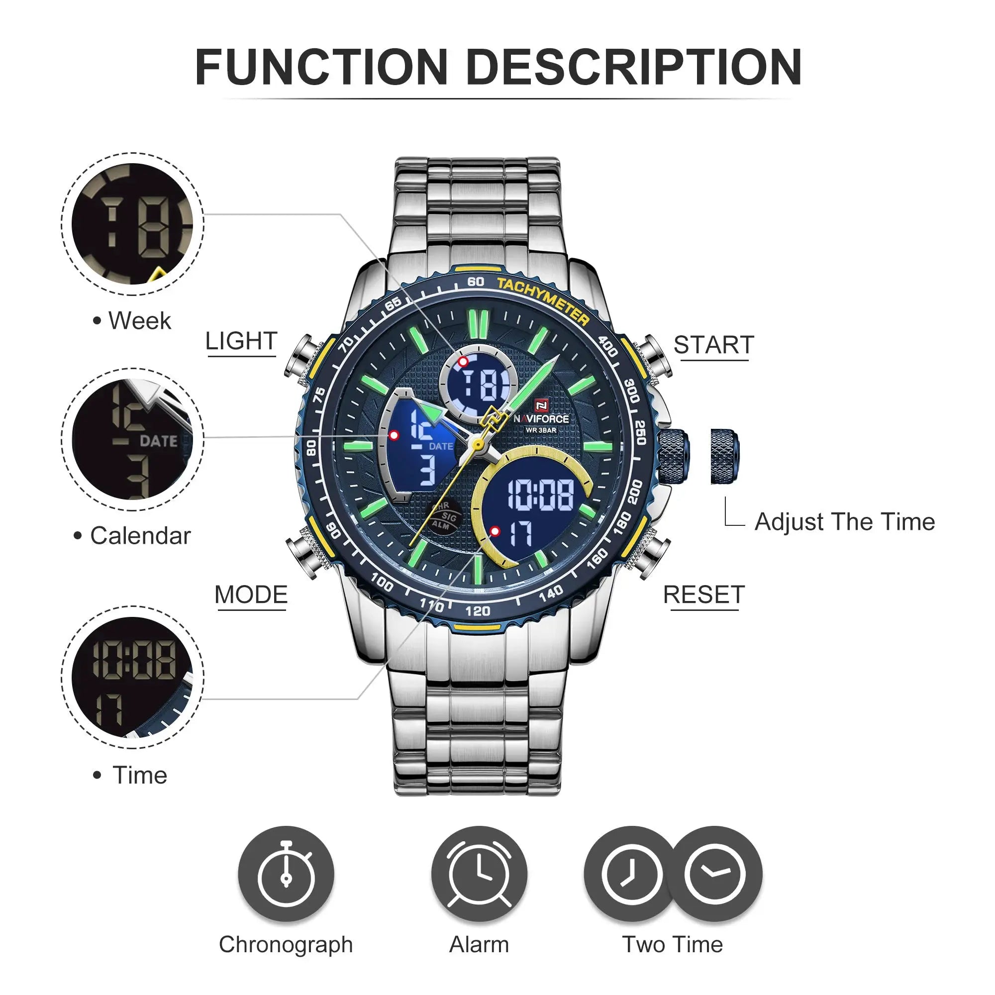 NAVIFORCE men's chronograph watch with stainless steel band and blue dial
