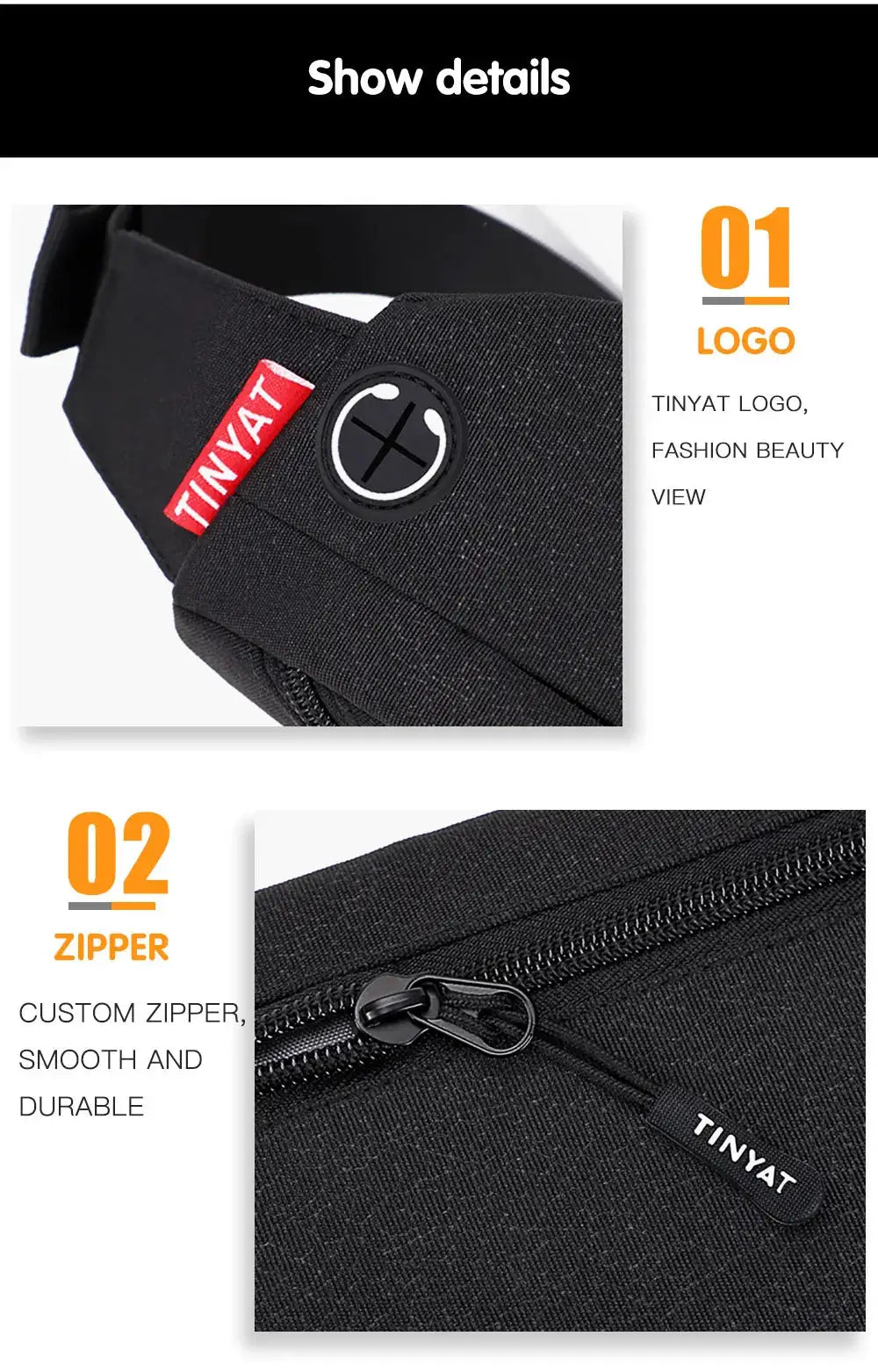 TINYAT waist bag by Simples Market, black fabric with logo patch and sturdy zipper.