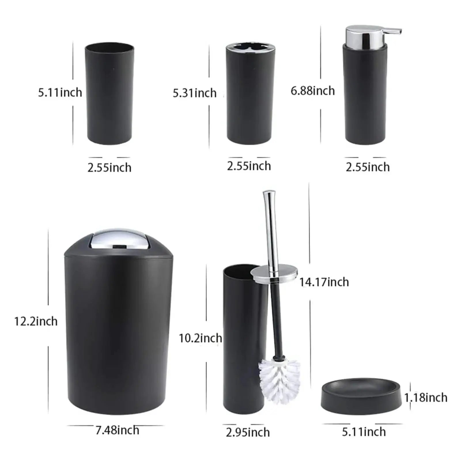 Simples Market 6-piece black bathroom accessories set: trash can, lotion dispenser, toothbrush holder, soap dish, toilet brush with holder