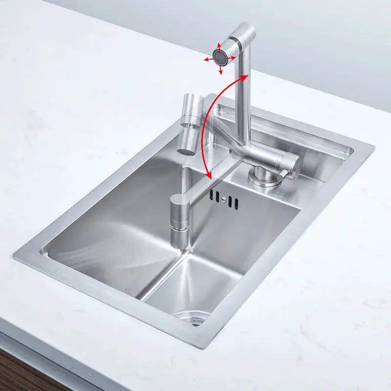 Stainless steel kitchen sink with tall gooseneck faucet and side spray; single bowl