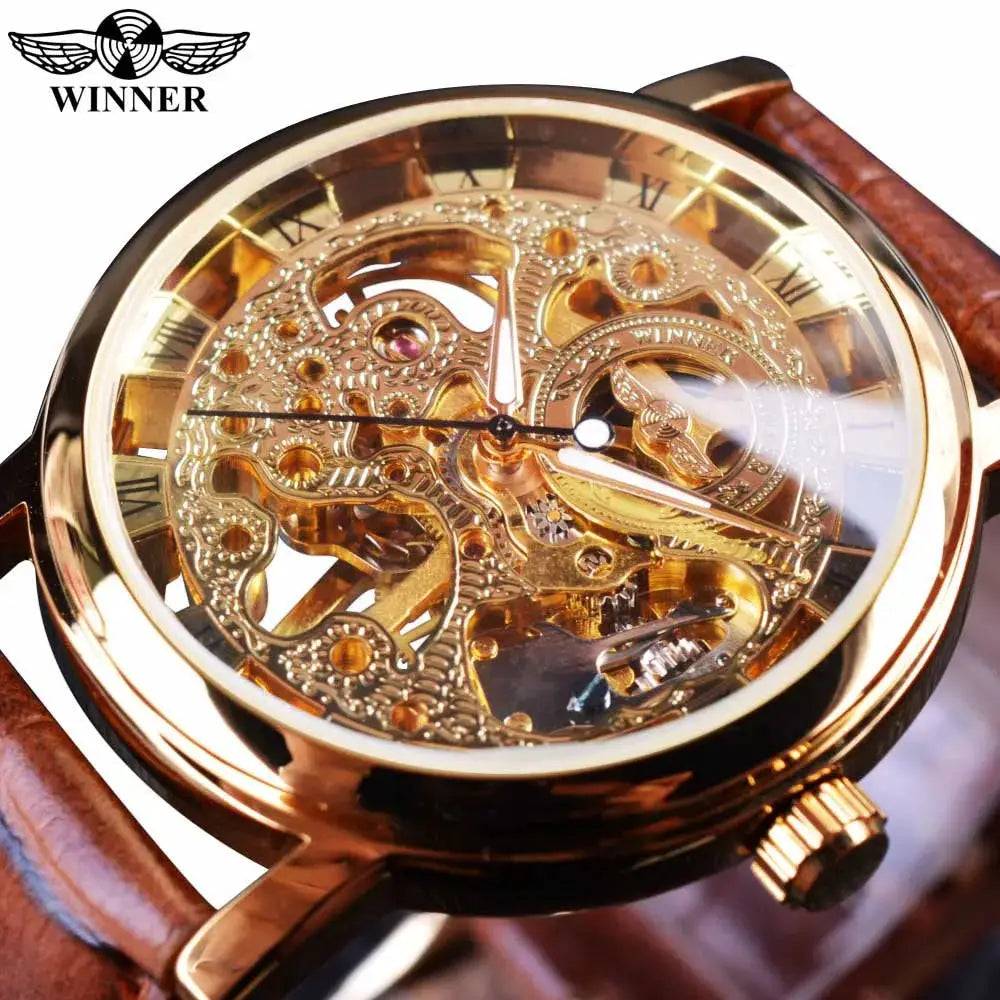 Winner Transparent Skeleton Mechanical Watch With Leather Strap See Through Dial Luxury Casual Timepiece