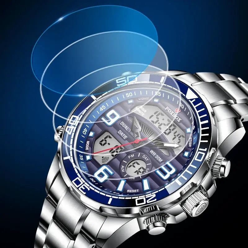 Men's stainless steel digital-analog sport watch with blue bezel and metal bracelet.