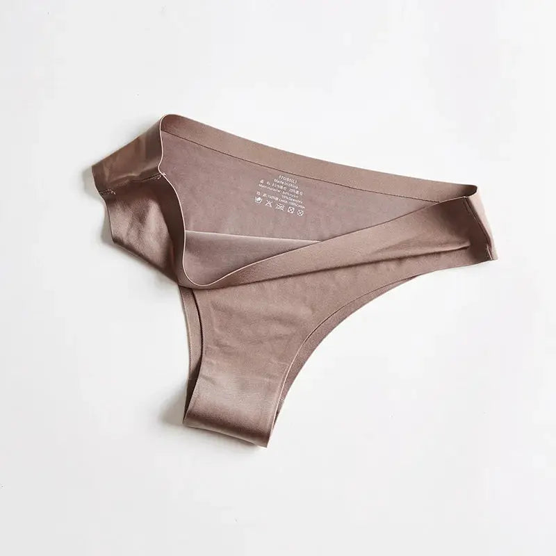 BANNIROU seamless thong underwear by Simples Market, beige ice silk, women's T-back panty.