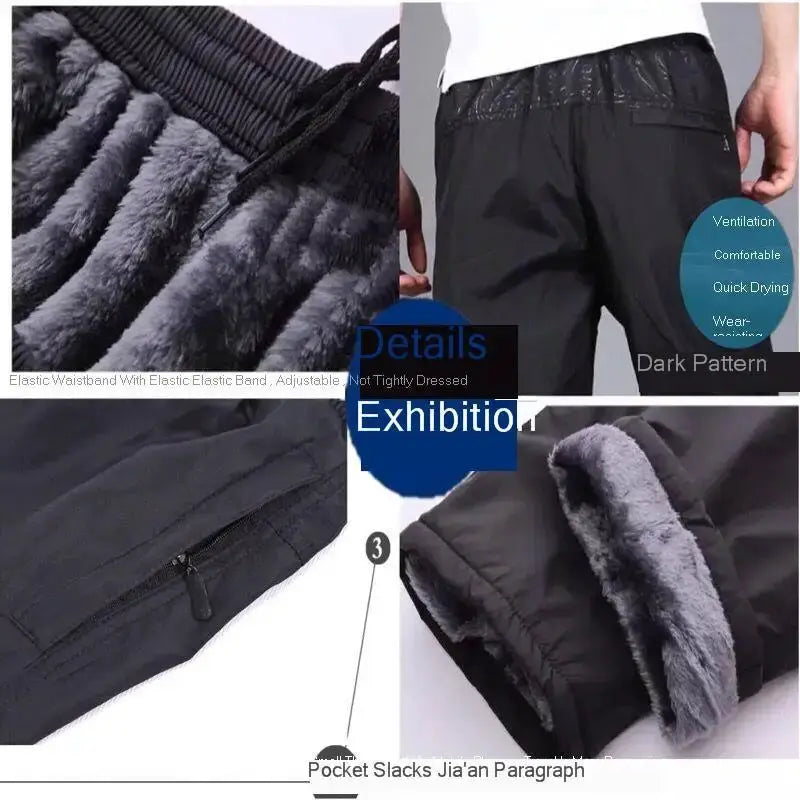 Men's velvet-lined sweatpants, black, Simples Market, warm winter fleece; elastic waist, zip pocket