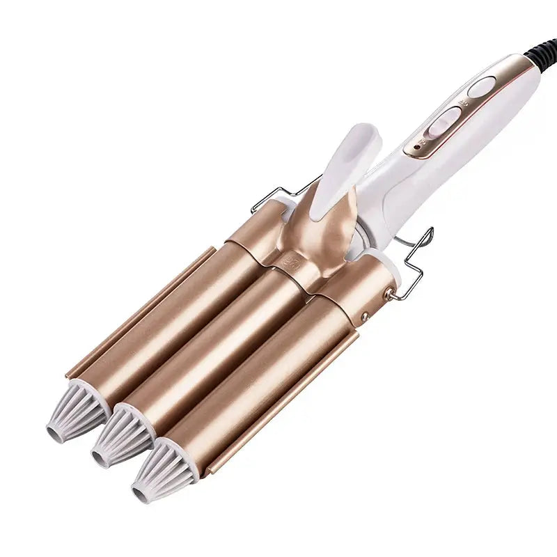 Triple-barrel hair curler by Simples Market with gold barrels and white handle.