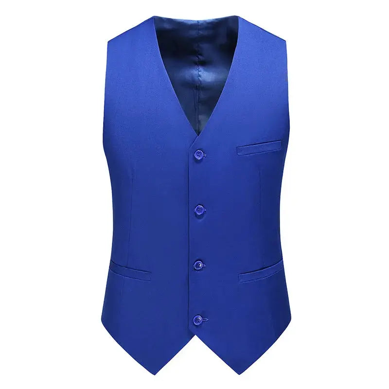 Royal blue men's slim-fit V-neck waistcoat for formal wear with front buttons