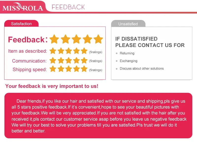 Miss Rola feedback page UI with star ratings, satisfaction panel, unsatisfied box, and red customer message card.