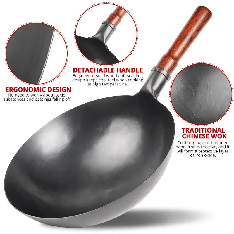 Hand Hammered Iron Wok With Wooden Handle No Coating Traditional Iron Pan For High Heat Stir Fry Kitchen Cookware
