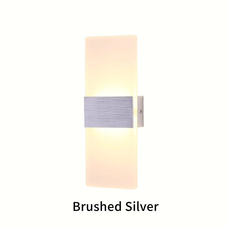 Modern mini LED wall lamp with brushed silver bracket and frosted acrylic panel