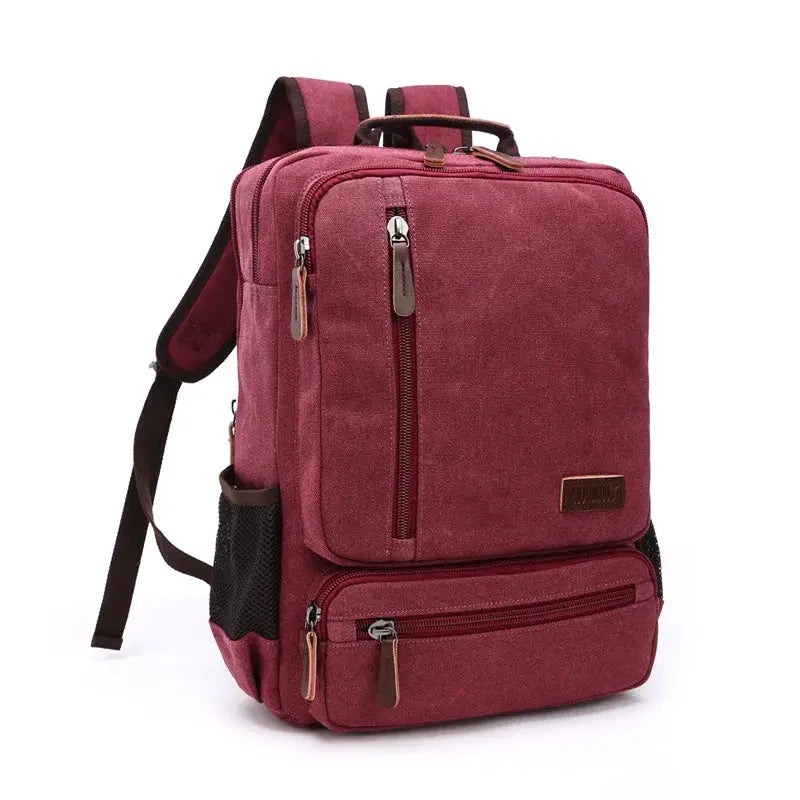 Vintage canvas backpack by Simples Market, burgundy color with multiple zipper pockets