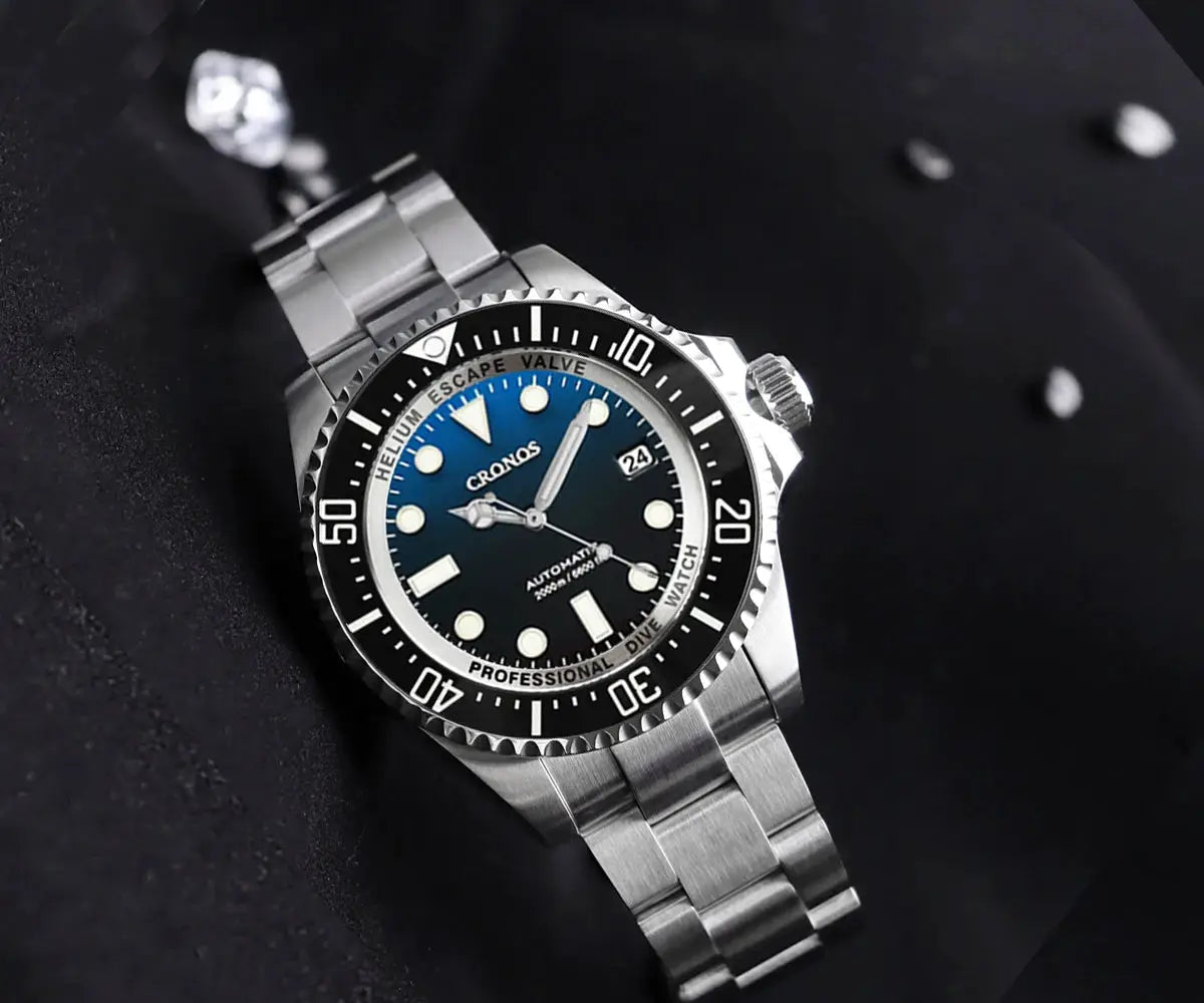 Cronos automatic diving watch with stainless steel bracelet and blue dial, 2000m water resistant.