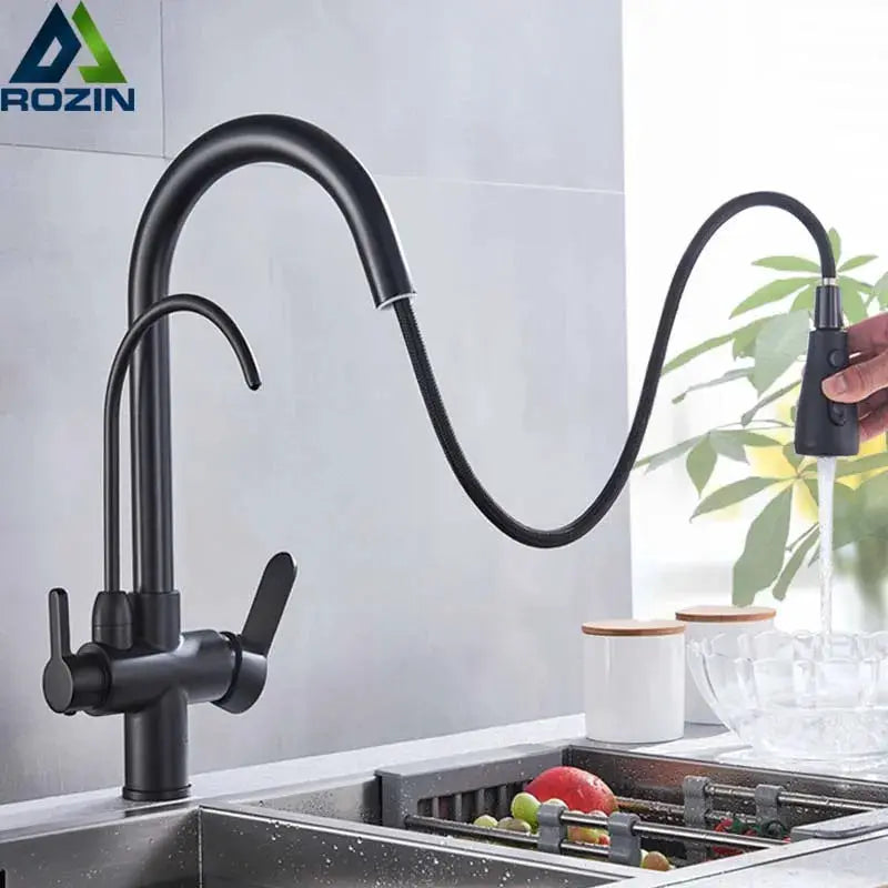 Rozin black pull-out purification kitchen faucet with flexible spray hose and 3-way mixer