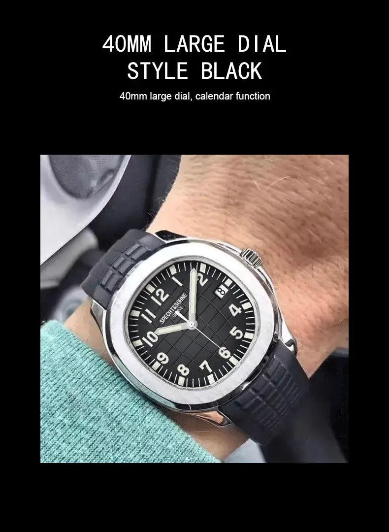 Specht&Sohne wristwatch with black dial, white numerals, silver case, and black textured strap