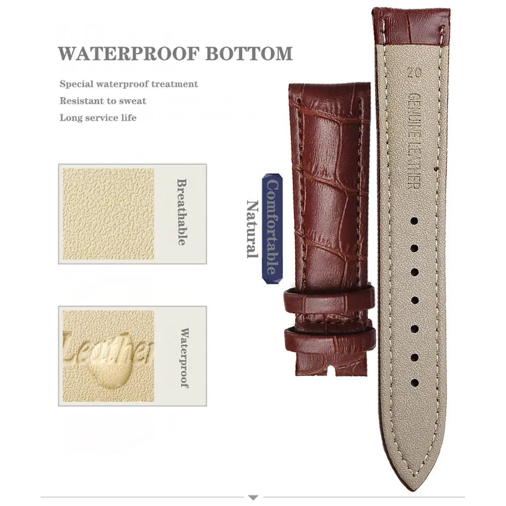 Premium genuine leather watch band in brown crocodile-embossed finish with beige underside, 12–24 mm sizes
