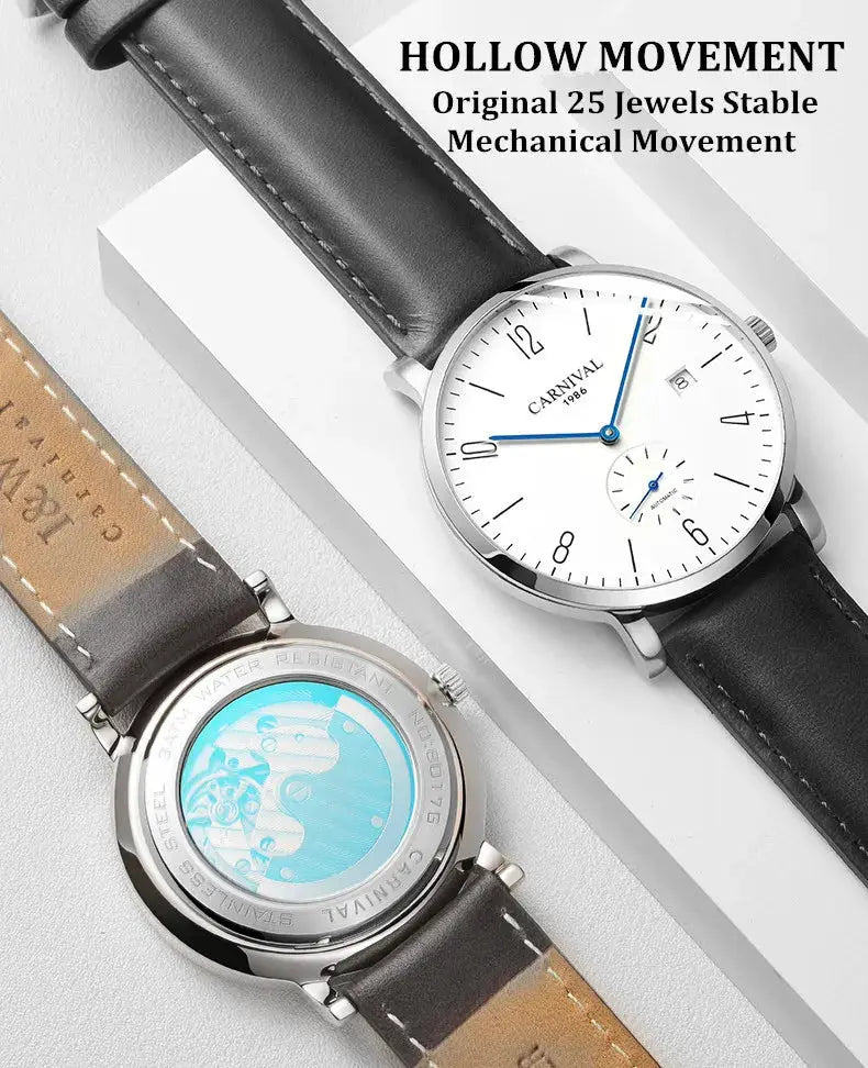 Carnival men's business watch with white dial, blue hands and black leather strap