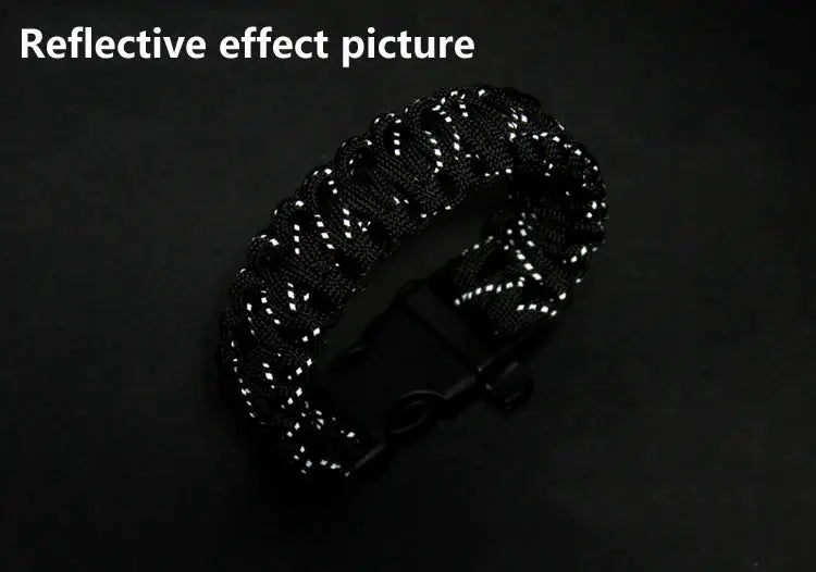 Reflective paracord bracelet, black 7‑strand 4mm rope with white reflective threads, tactical camping accessory