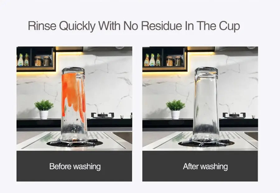 Simples Market ASRAS cup washer, 304 stainless steel, brushed 4mm, bar/kitchen sink use; before and after washing.