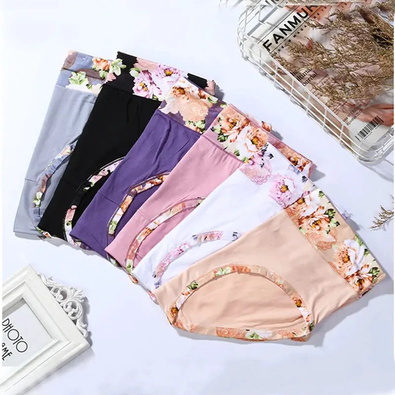 Six floral-print women's panties set in assorted colors with matching floral waistbands