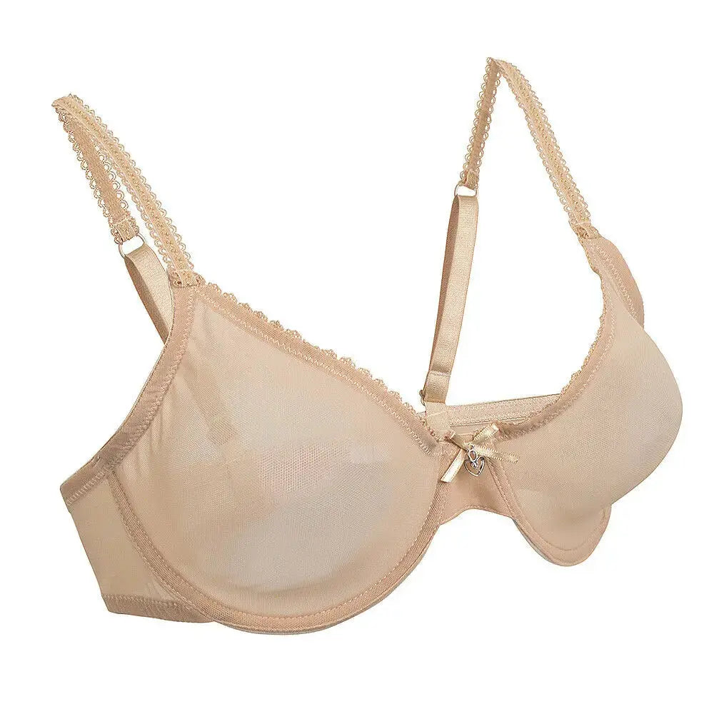 Beige lace-mesh unlined bra with scalloped strap trim and center bow by Simples Market