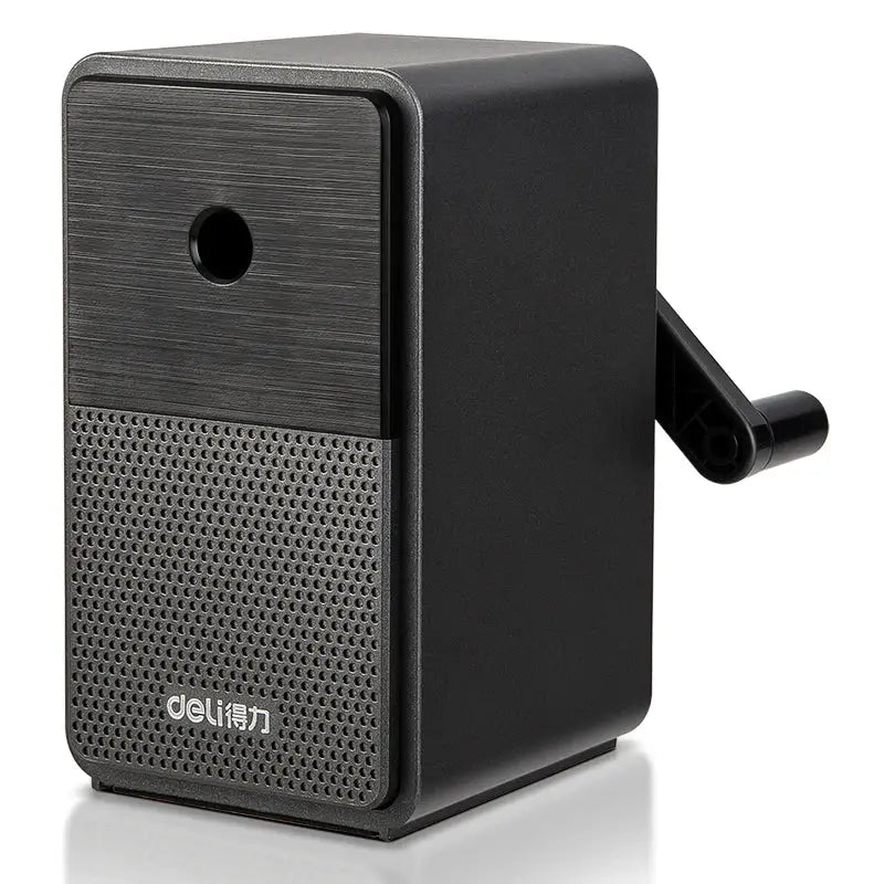 Deli adjustable pencil sharpener with hand crank, black tabletop stationery tool