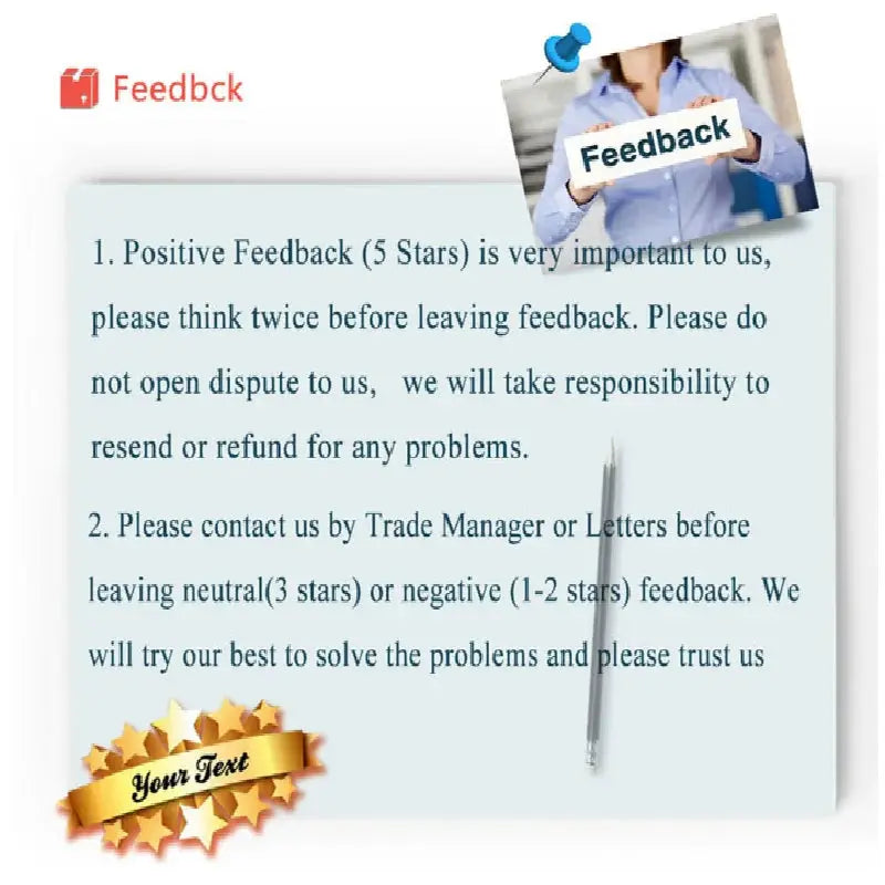 Feedback graphic showing a light blue review page with text, a pen, a Feedback sign, and a gold star ribbon.