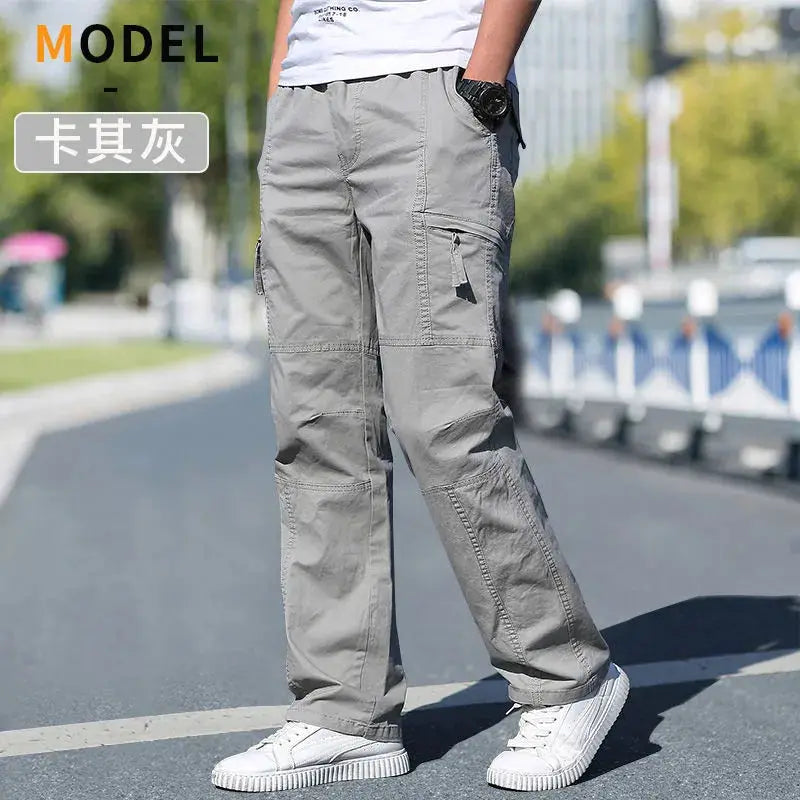 Men's grey cotton cargo pants with multiple pockets, casual workwear joggers