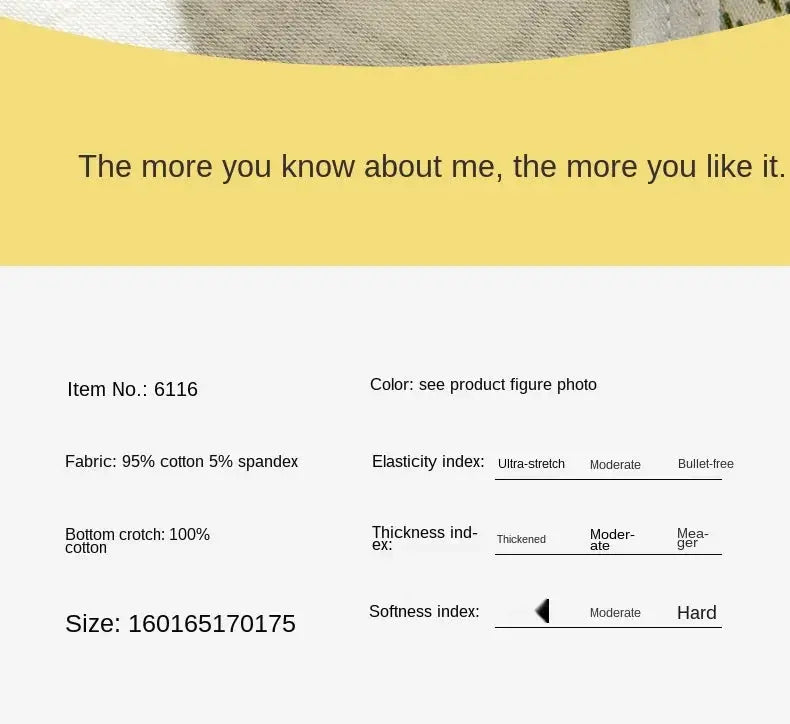 Simples Market women's cotton underwear details card showing fabric 95% cotton, 5% spandex.