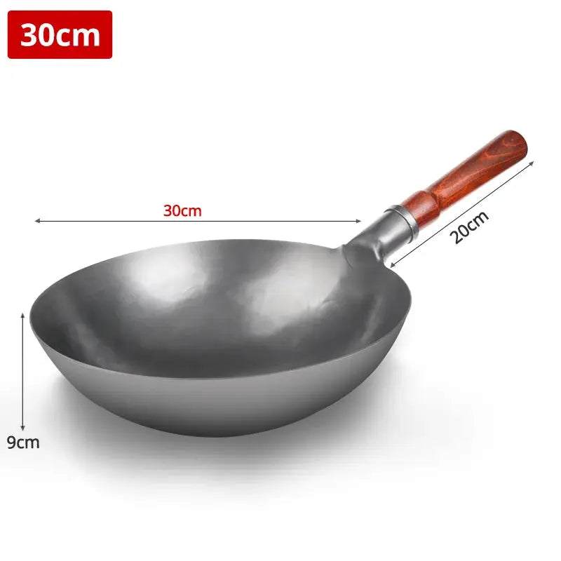 Hand Hammered Iron Wok With Wooden Handle No Coating Traditional Iron Pan For High Heat Stir Fry Kitchen Cookware