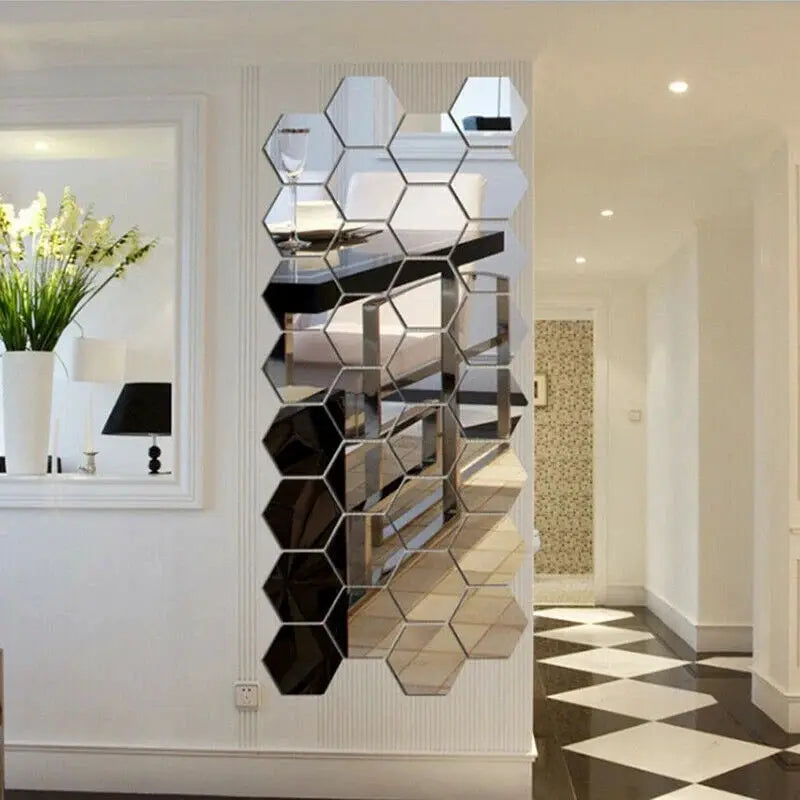 Simples Market 6/12pcs 3D hexagon mirror wall sticker set, reflective silver tiles forming a vertical panel