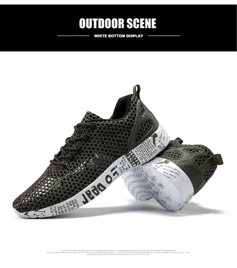 Men's olive-green mesh sneakers with foam sole; breathable summer casual footwear for beach and everyday wear
