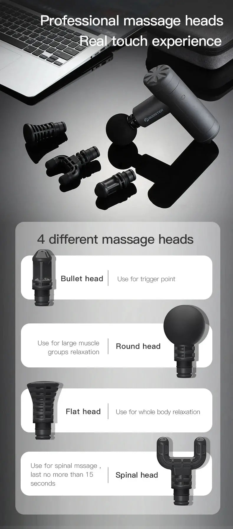 Booster Mini X massage gun with 4 interchangeable heads, black, Simples Market.