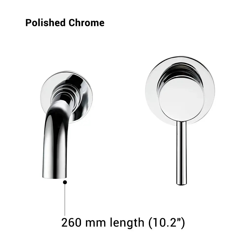 Polished chrome wall-mounted bathroom basin faucet with curved spout and single handle, 260 mm long