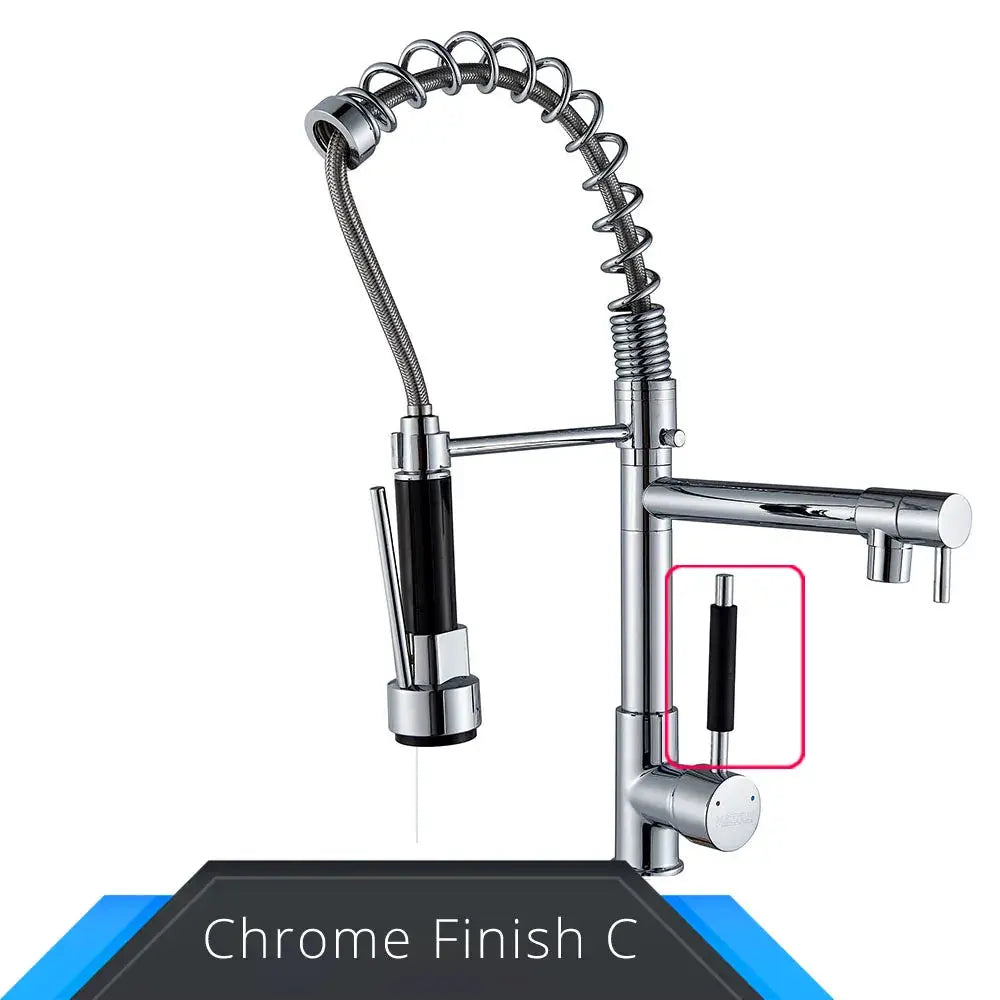 Rozin pull-down kitchen faucet with chrome finish, spring coil spray hose, deck-mounted hot/cold mixer.
