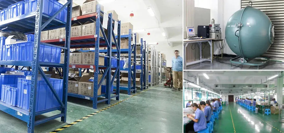 Simples Market dimmable LED cabinet lights in a factory setting with blue storage racks and an assembly line
